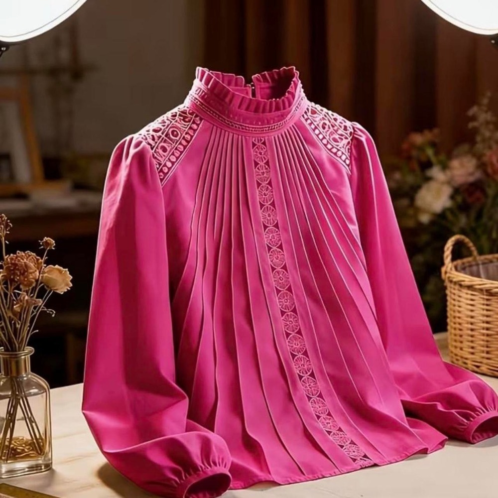 Temu Pink Lace Panel Pleated Blouse Women Large Romantic Ruffle Neck Top
